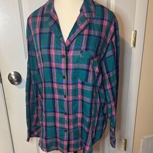 NWT Victoria's Secret Pajama Top Women Sm Green Plaid Button Long Sleeve Sleep